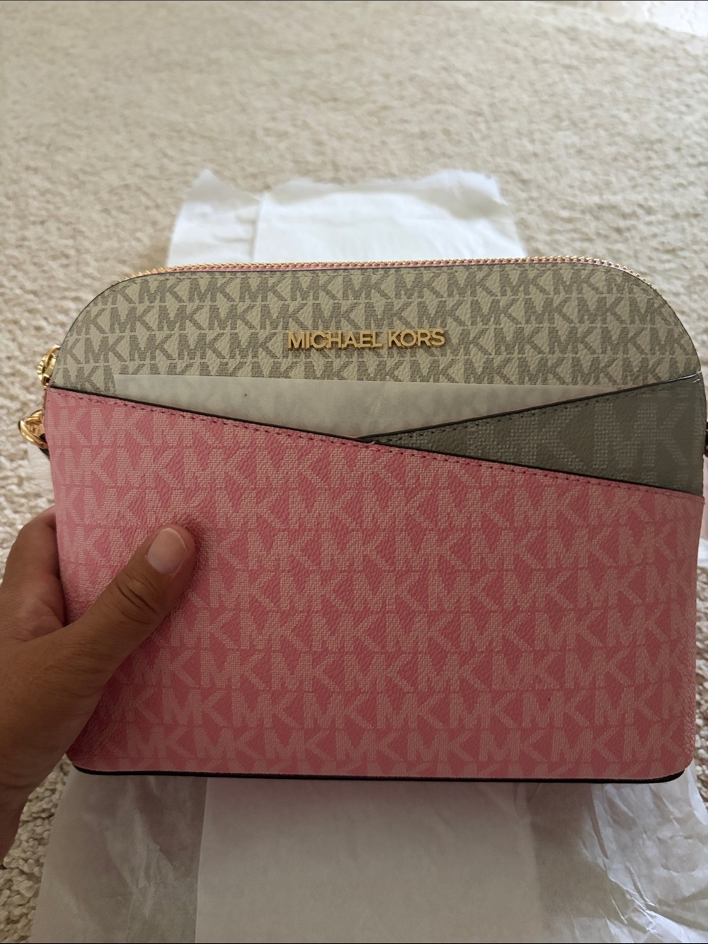 Michael Kors Pink and Neutral Logo Colorblock Crossbody